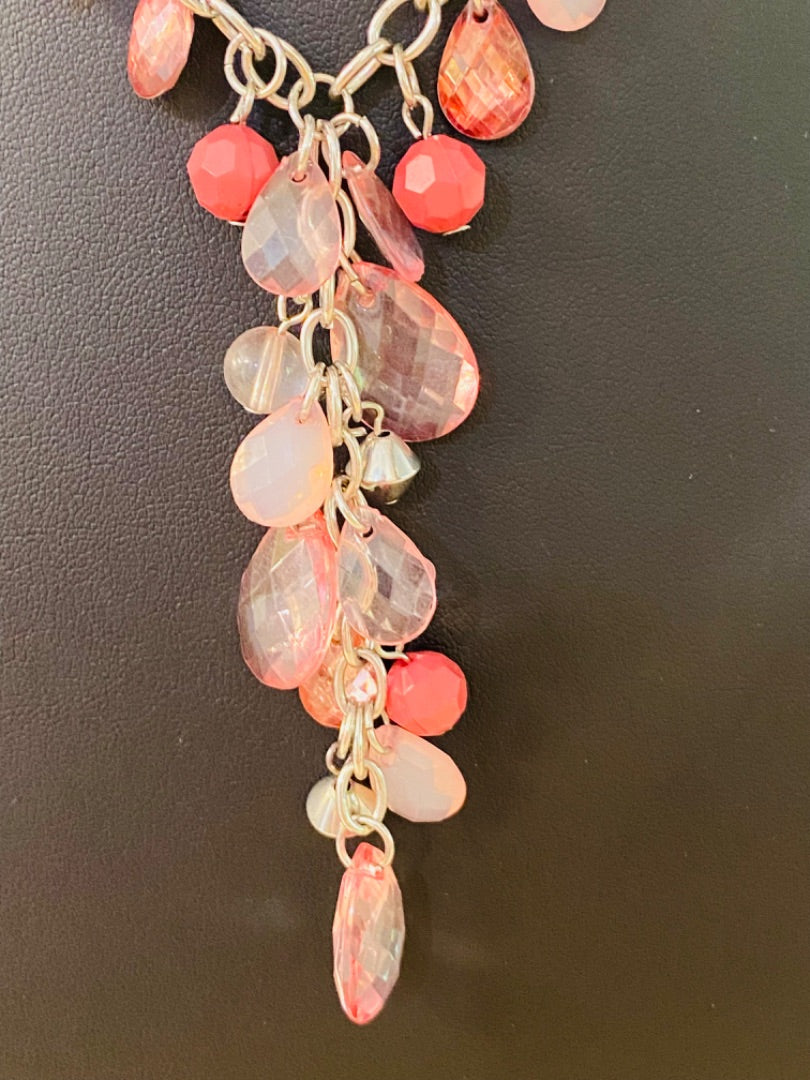 Silvertone Necklace Pink and Mauve Acrylic Faceted Beads 16-19" with 3" Drop