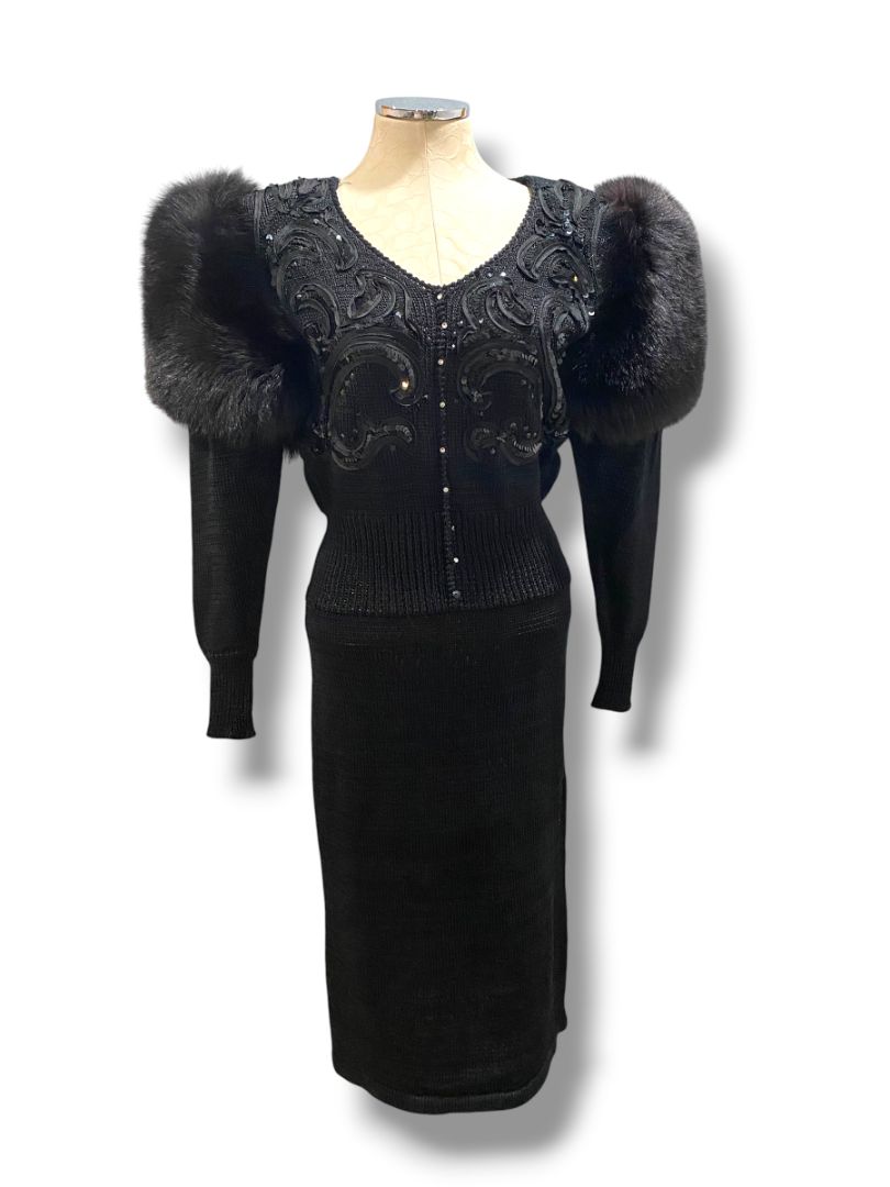 Small Medium Delaware Street Vintage Knit Angora Shoulder Embellished Dress