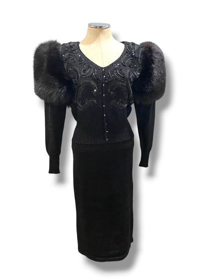 Small Medium Delaware Street Vintage Knit Angora Shoulder Embellished Dress