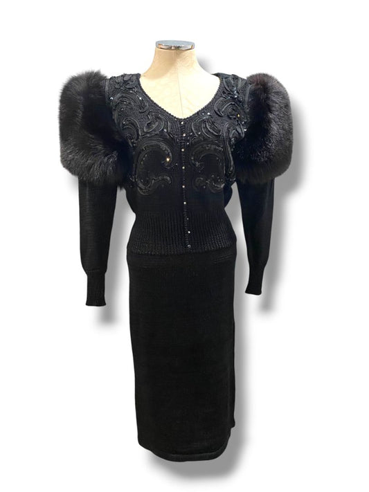 Small Medium Delaware Street Vintage Knit Angora Shoulder Embellished Dress