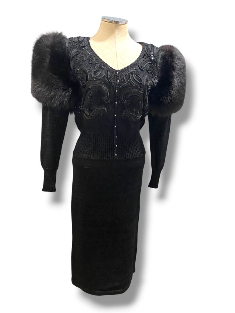 Small Medium Delaware Street Vintage Knit Angora Shoulder Embellished Dress