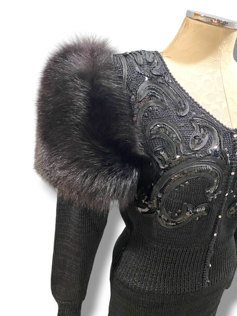 Small Medium Delaware Street Vintage Knit Angora Shoulder Embellished Dress