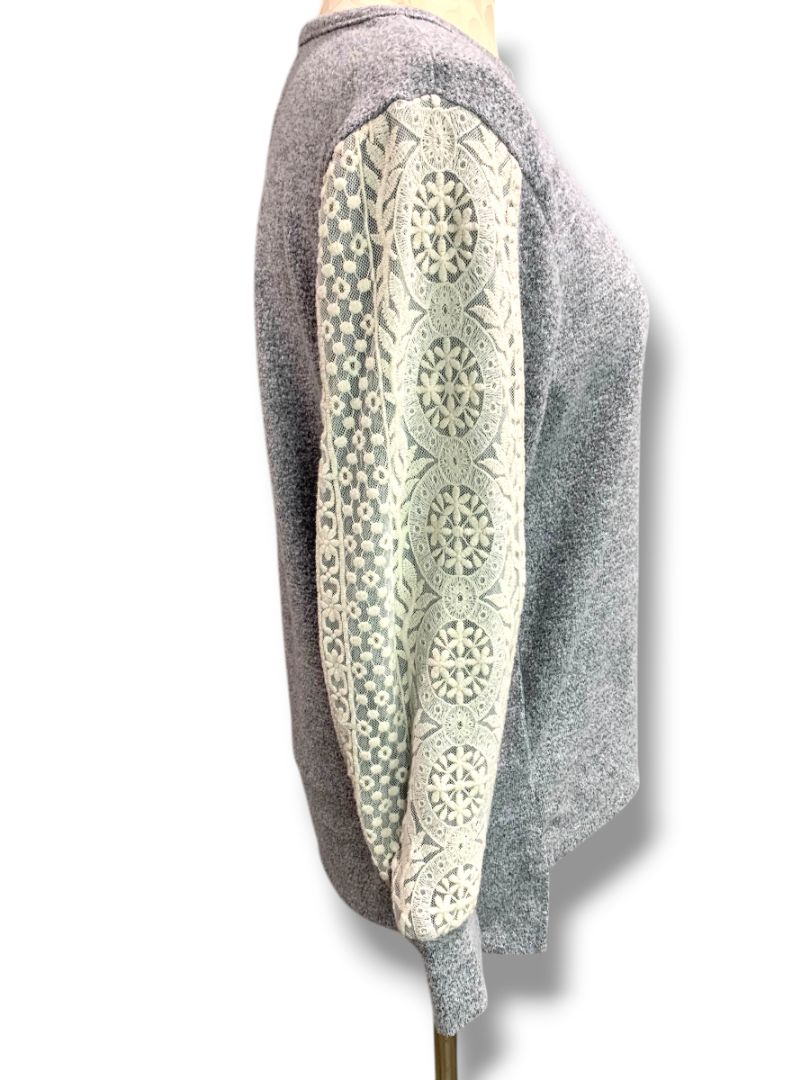 Medium FN by Flora Nikrooz Womens 2 Piece Gray Sweater Knit Lounge Wear Lace Trim Joggers