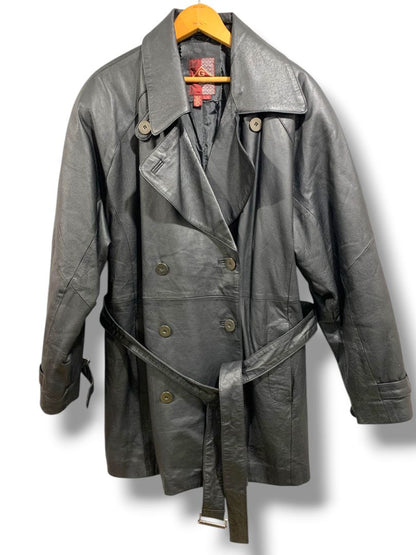 Large G III Womens Vintage Black Stiff Leather Belted Trench Coat Insulated