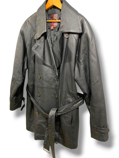 Large G III Womens Vintage Black Stiff Leather Belted Trench Coat Insulated