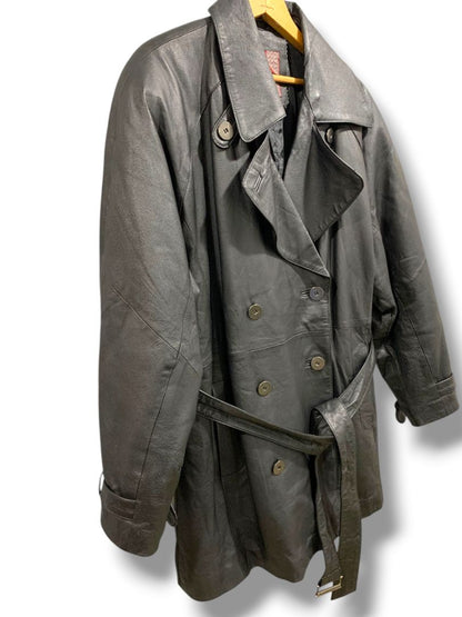 Large G III Womens Vintage Black Stiff Leather Belted Trench Coat Insulated