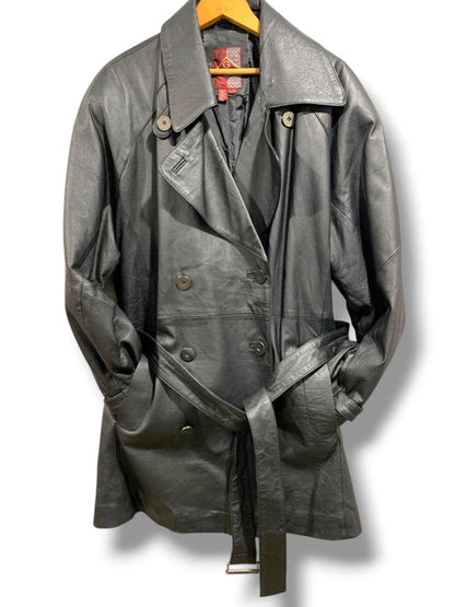 Large G III Womens Vintage Black Stiff Leather Belted Trench Coat Insulated