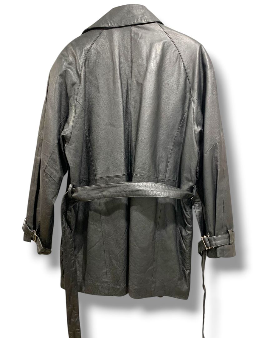 Large G III Womens Vintage Black Stiff Leather Belted Trench Coat Insulated