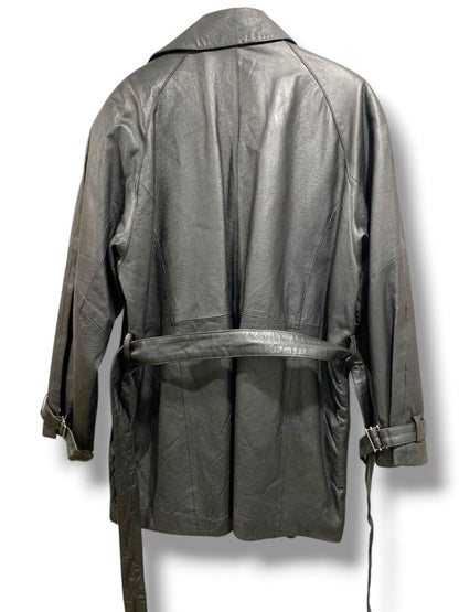 Large G III Womens Vintage Black Stiff Leather Belted Trench Coat Insulated