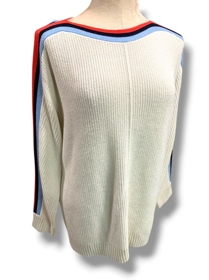 Large T by Talbots Womens Cream Stripe Sleeve Sweater Cotton Coolmax Blend