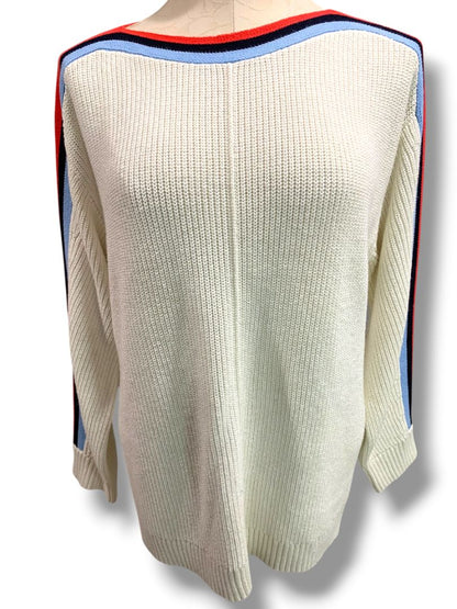 Large T by Talbots Womens Cream Stripe Sleeve Sweater Cotton Coolmax Blend