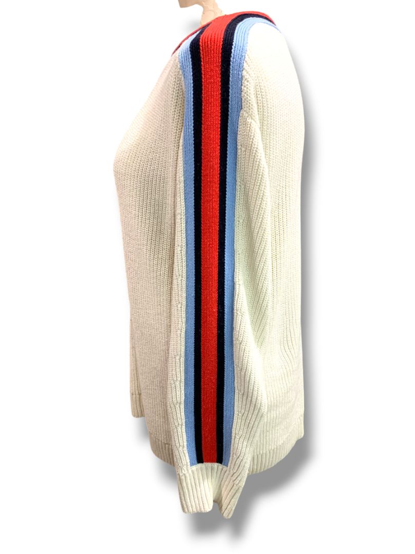 Large T by Talbots Womens Cream Stripe Sleeve Sweater Cotton Coolmax Blend