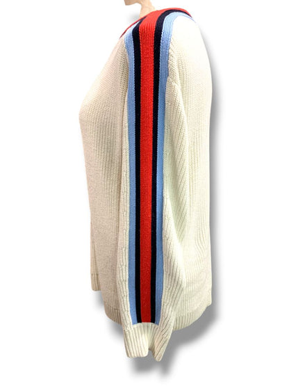 Large T by Talbots Womens Cream Stripe Sleeve Sweater Cotton Coolmax Blend