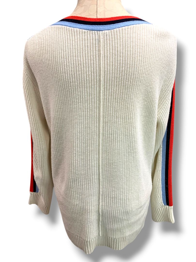 Large T by Talbots Womens Cream Stripe Sleeve Sweater Cotton Coolmax Blend