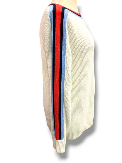Large T by Talbots Womens Cream Stripe Sleeve Sweater Cotton Coolmax Blend