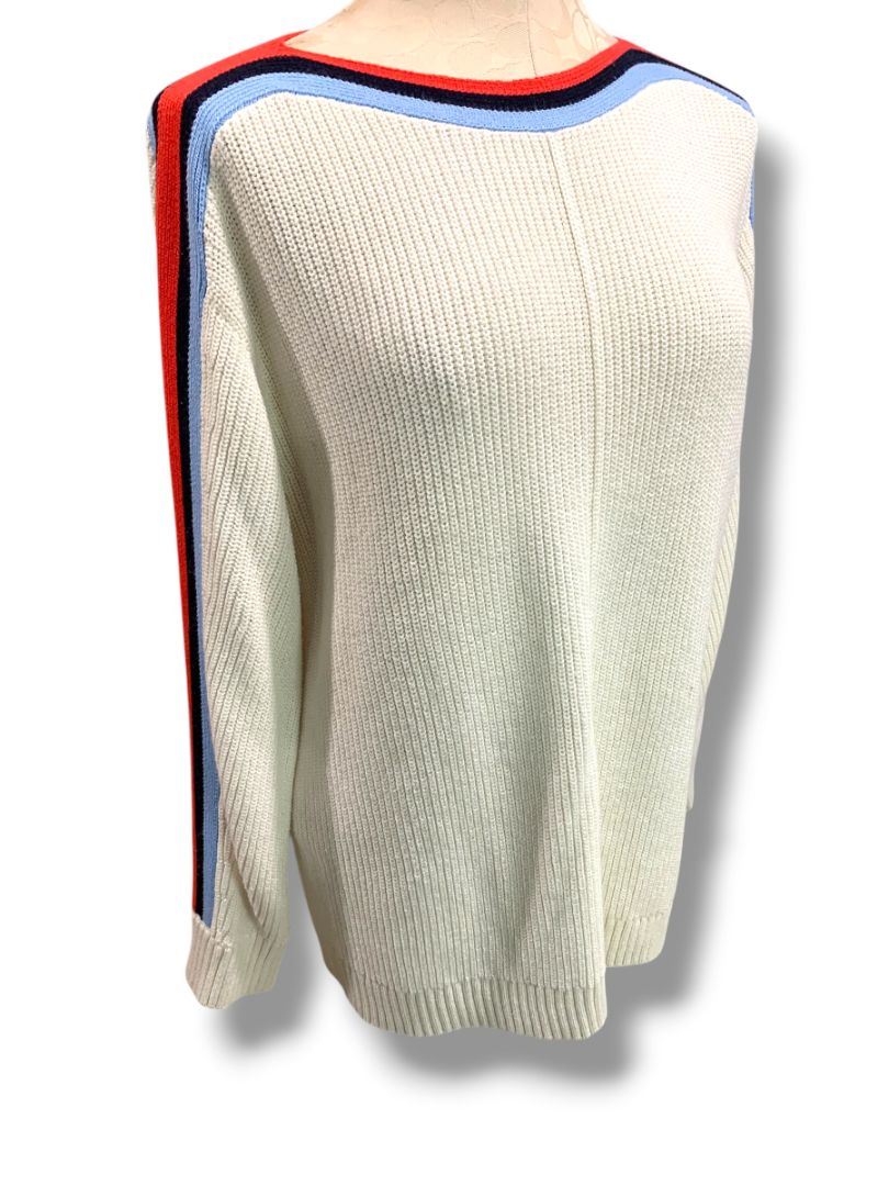 Large T by Talbots Womens Cream Stripe Sleeve Sweater Cotton Coolmax Blend