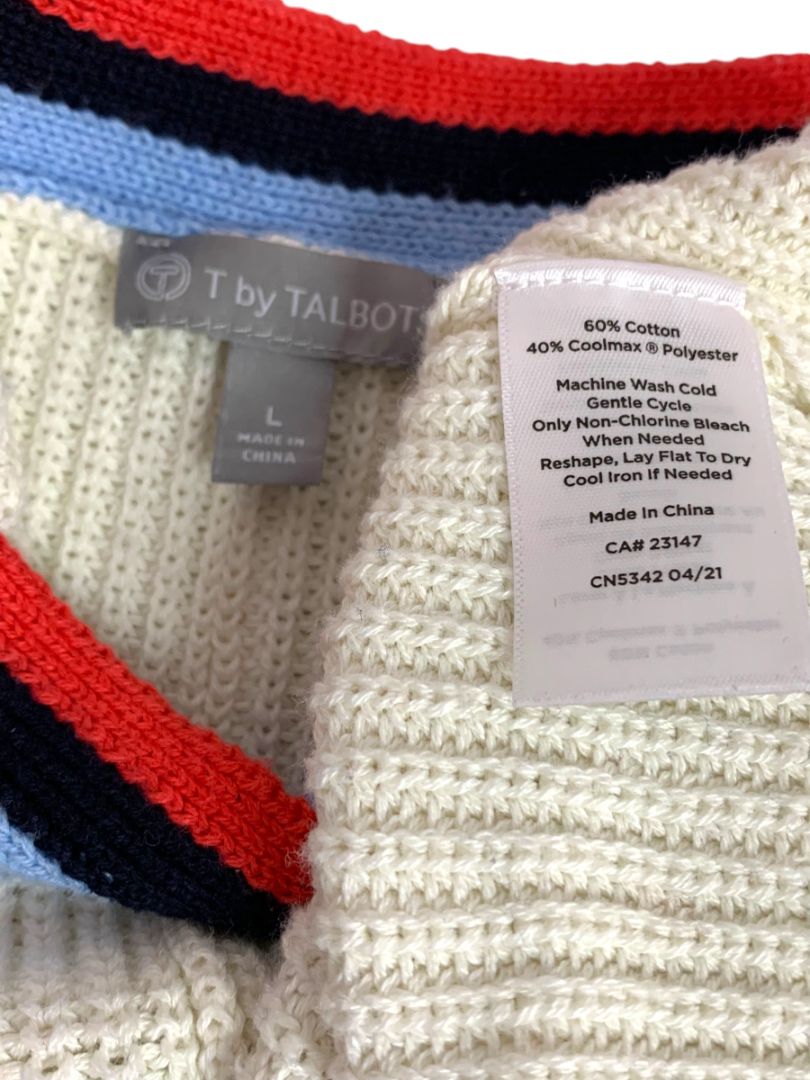 Large T by Talbots Womens Cream Stripe Sleeve Sweater Cotton Coolmax Blend
