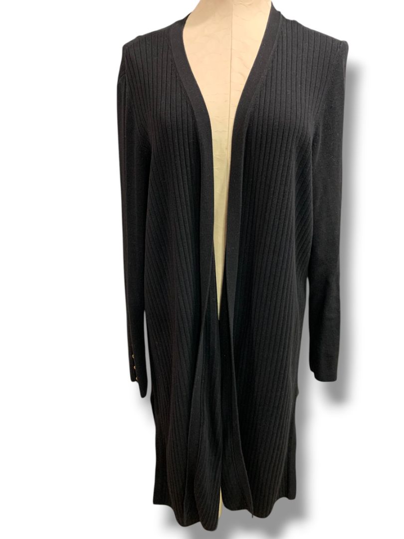 Size 1X Talbots Woman Long Open Black Ribbed Cardigan Sweater