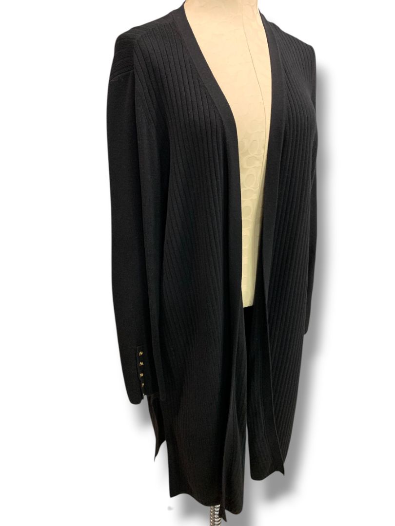 Size 1X Talbots Woman Long Open Black Ribbed Cardigan Sweater