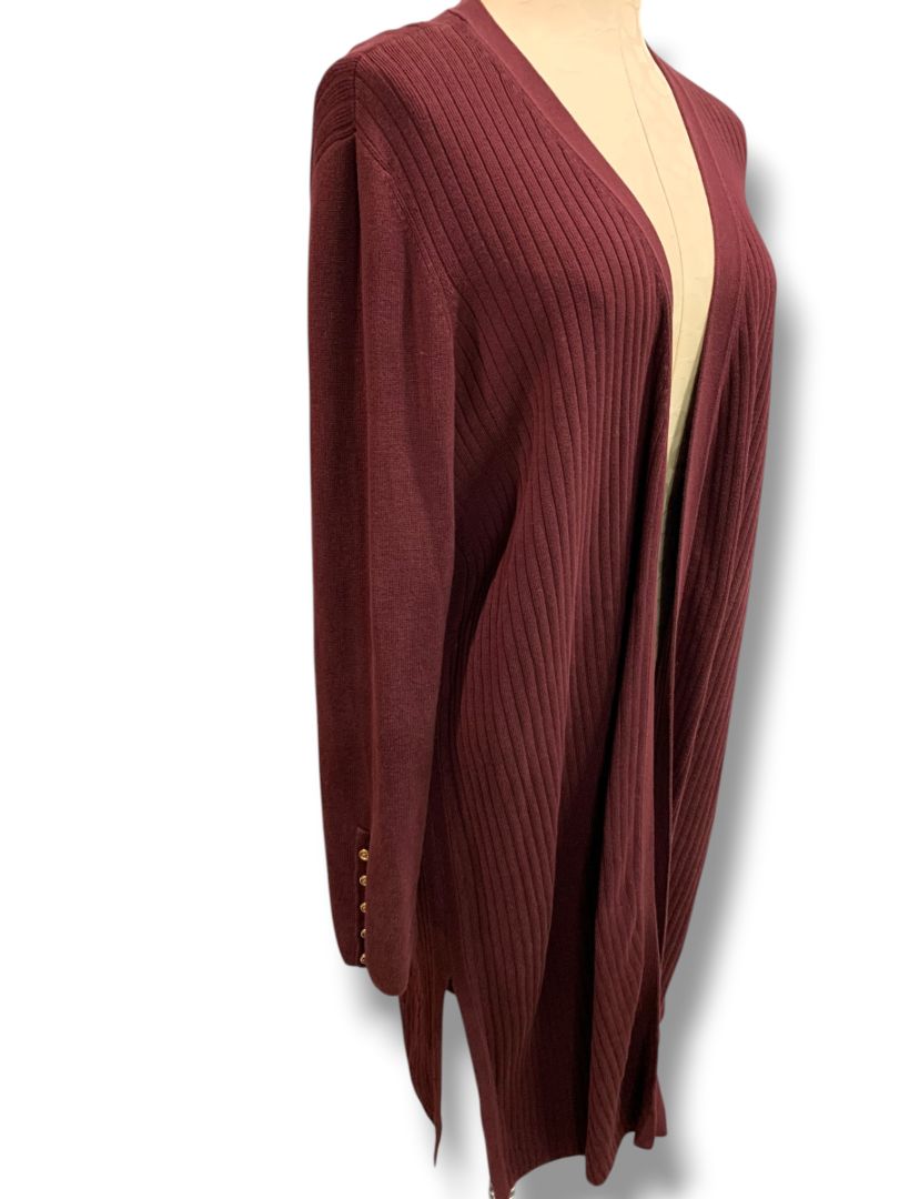 Size 1X Talbots Woman Long Open Merlot Ribbed Cardigan Sweater