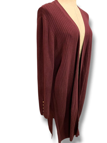 Size 1X Talbots Woman Long Open Merlot Ribbed Cardigan Sweater