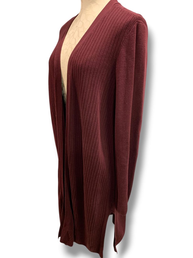 Size 1X Talbots Woman Long Open Merlot Ribbed Cardigan Sweater
