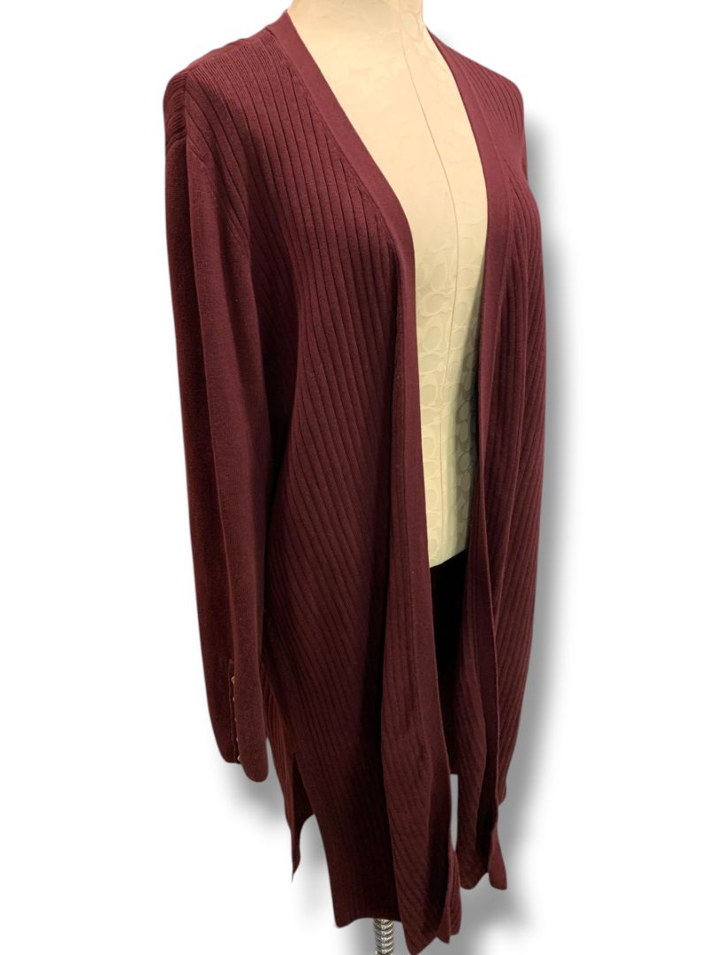Size 1X Talbots Woman Long Open Merlot Ribbed Cardigan Sweater