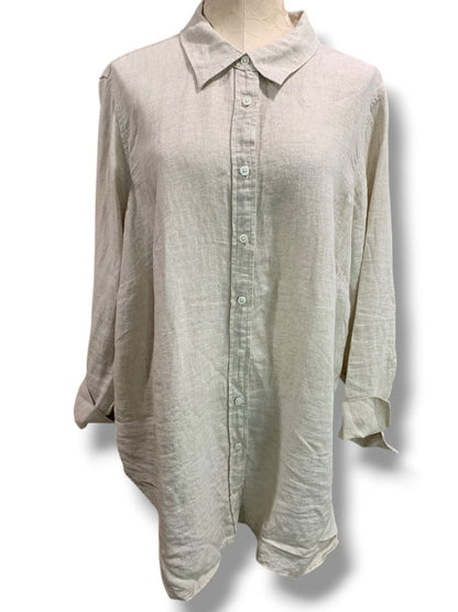 Size 2X Talbots Woman Natural Linen Button Up Shirt Tan