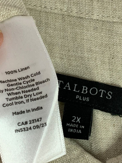 Size 2X Talbots Woman Natural Linen Button Up Shirt Tan
