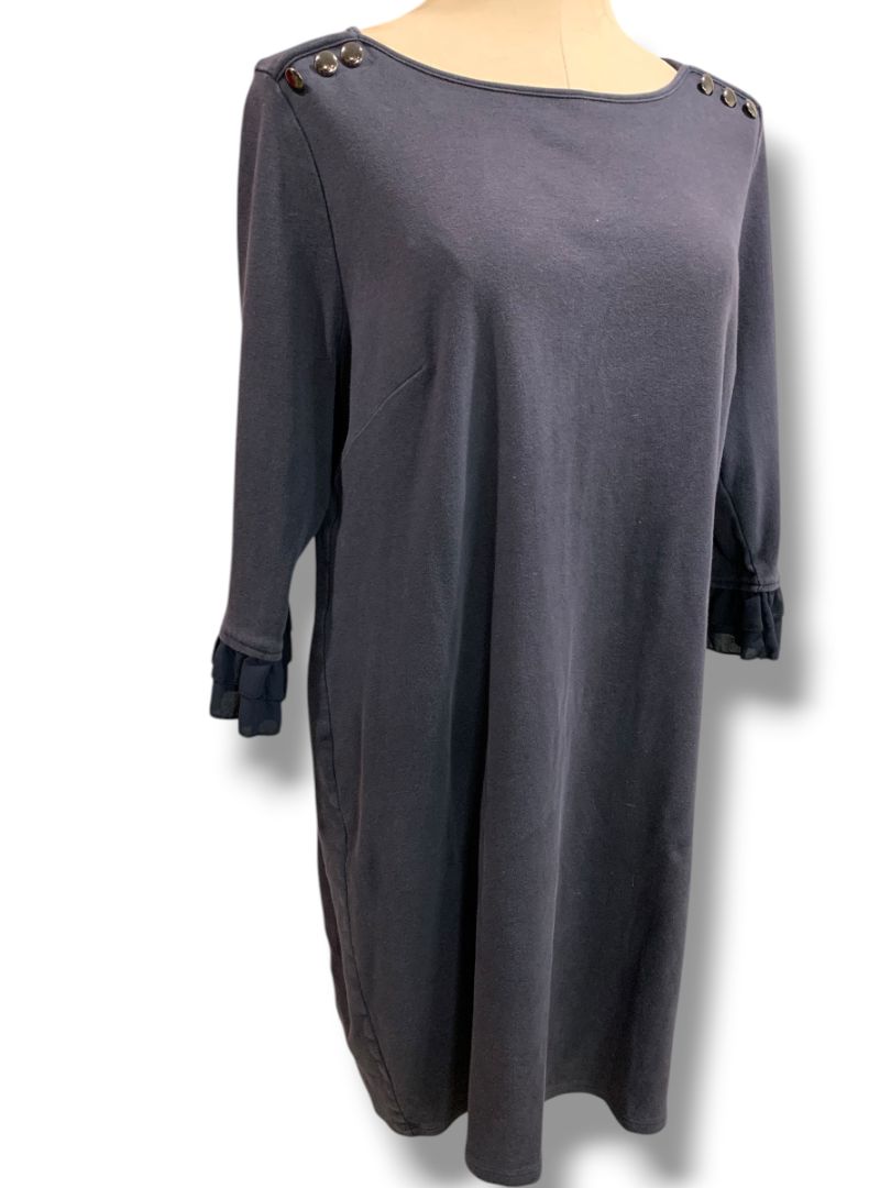 Size 1X Talbots Plus Size Womens Knit Dress Navy Blue 3/4 Ruffle Trim Sleeve