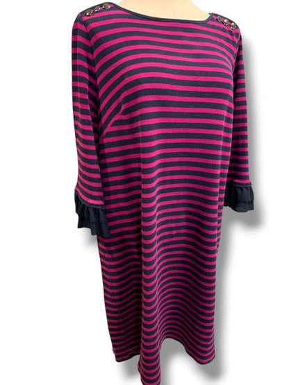 Size 1X Talbots Plus Size Womens Knit Dress Striped Magenta Navy Ruffle Sleeve