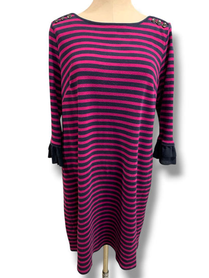 Size 1X Talbots Plus Size Womens Knit Dress Striped Magenta Navy Ruffle Sleeve