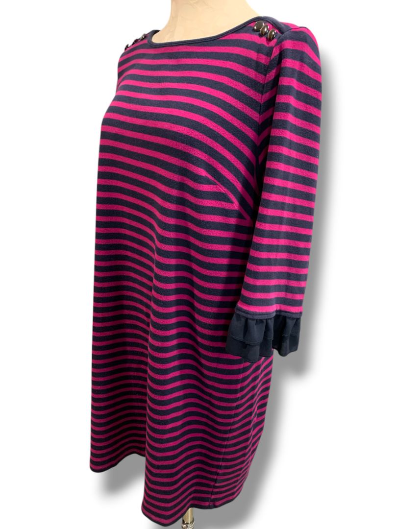 Size 1X Talbots Plus Size Womens Knit Dress Striped Magenta Navy Ruffle Sleeve