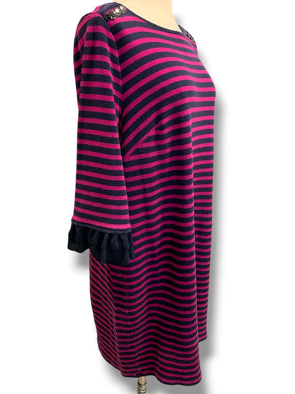 Size 1X Talbots Plus Size Womens Knit Dress Striped Magenta Navy Ruffle Sleeve