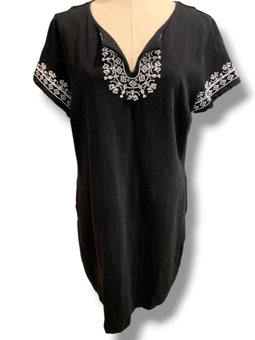 Size XL Talbots Black Shift Boho Tshirt Dress Embroidered Trim Nantucket Slub