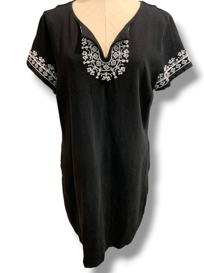 Size XL Talbots Black Shift Boho Tshirt Dress Embroidered Trim Nantucket Slub