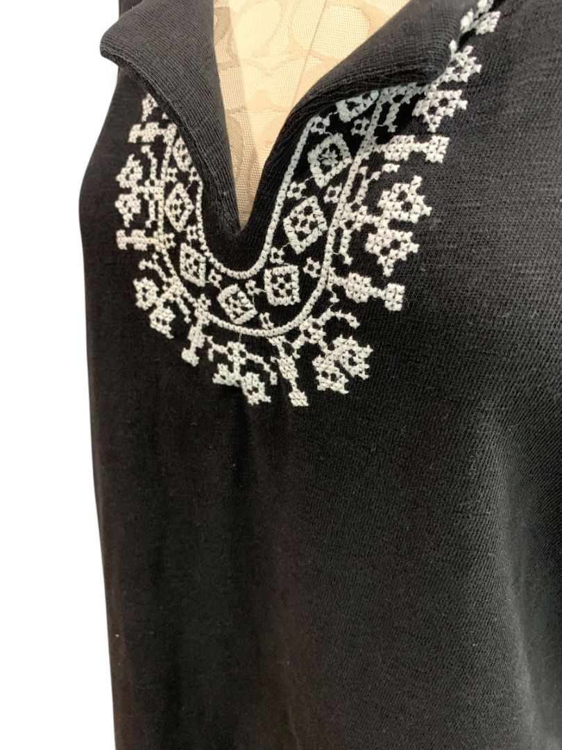 Size XL Talbots Black Shift Boho Tshirt Dress Embroidered Trim Nantucket Slub