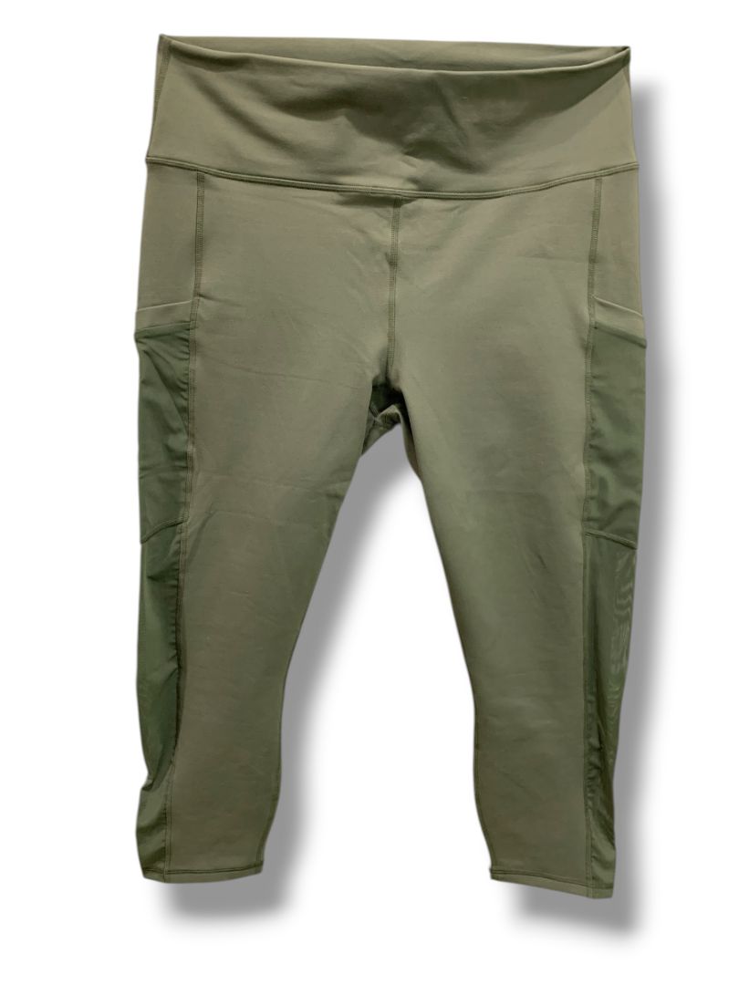 XL Fabletics Powerhold Womens Olive Green Capri Leggings Stash Pockets Mesh Side