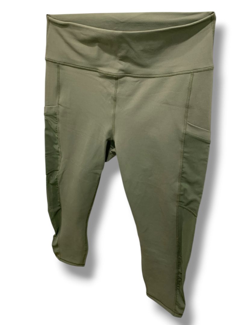 XL Fabletics Powerhold Womens Olive Green Capri Leggings Stash Pockets Mesh Side