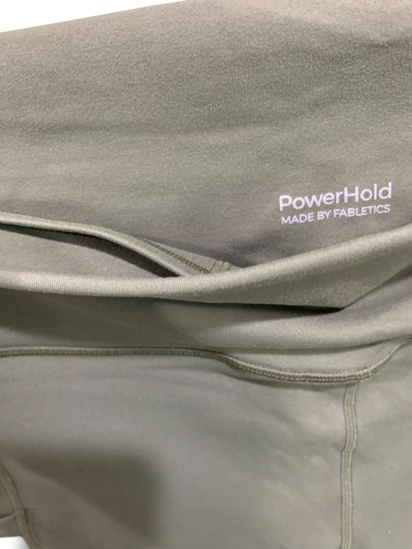 XL Fabletics Powerhold Womens Olive Green Capri Leggings Stash Pockets Mesh Side