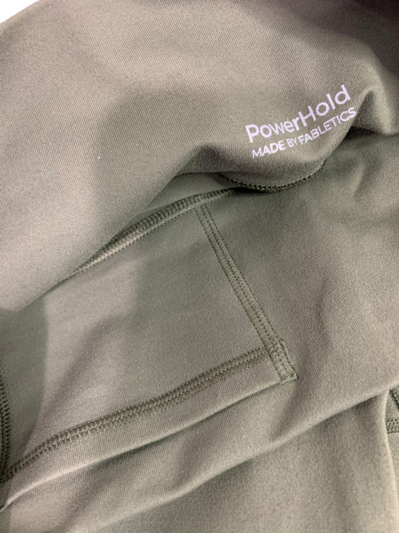XL Fabletics Powerhold Womens Olive Green Capri Leggings Stash Pockets Mesh Side