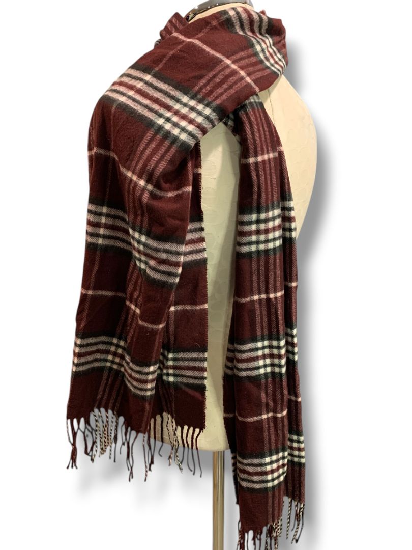 Cashmink Burgundy Plaid Scarf Fringe Soft Made in Germany 73" x 16"