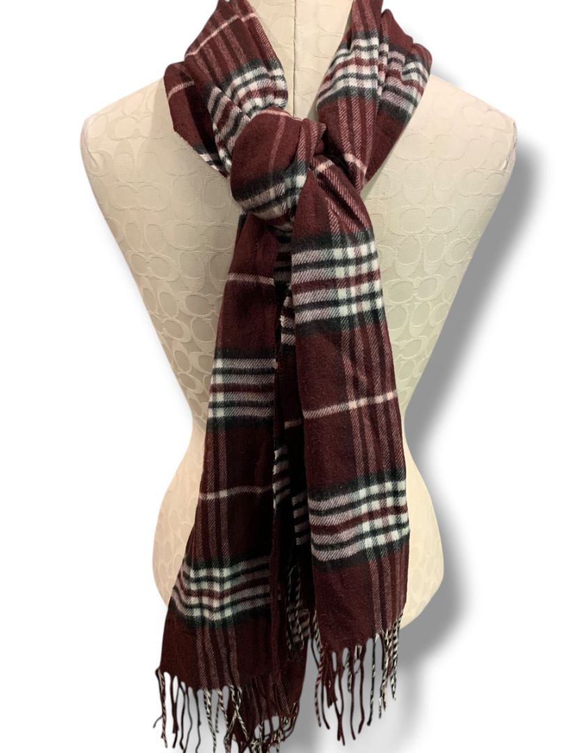 Cashmink Burgundy Plaid Scarf Fringe Soft Made in Germany 73" x 16"