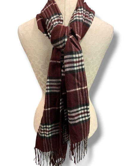Cashmink Burgundy Plaid Scarf Fringe Soft Made in Germany 73" x 16"