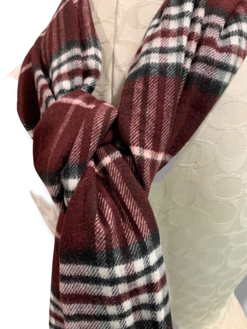Cashmink Burgundy Plaid Scarf Fringe Soft Made in Germany 73" x 16"