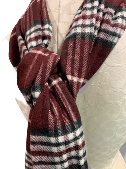 Cashmink Burgundy Plaid Scarf Fringe Soft Made in Germany 73" x 16"