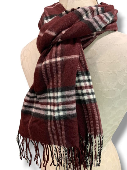 Cashmink Burgundy Plaid Scarf Fringe Soft Made in Germany 73" x 16"