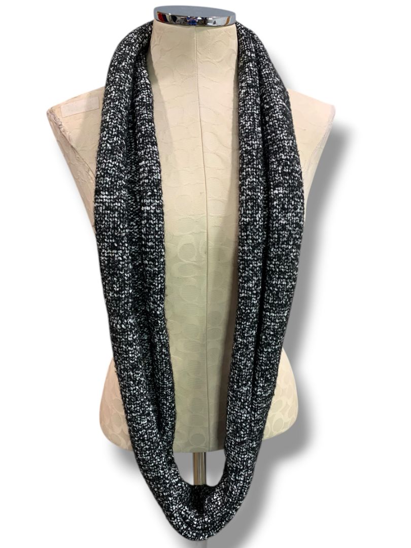 Talbots Womens Sweater Knit Beanie Hat Loop Scarf Set Black Silver Marled