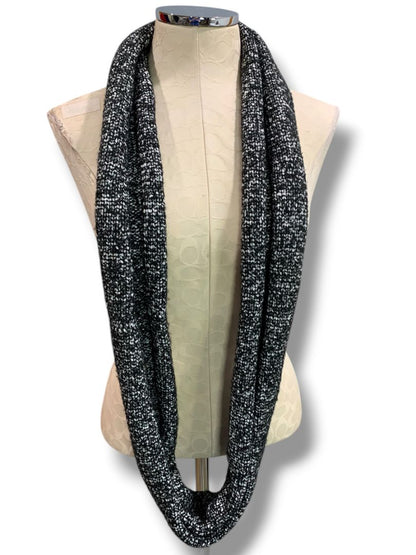Talbots Womens Sweater Knit Beanie Hat Loop Scarf Set Black Silver Marled