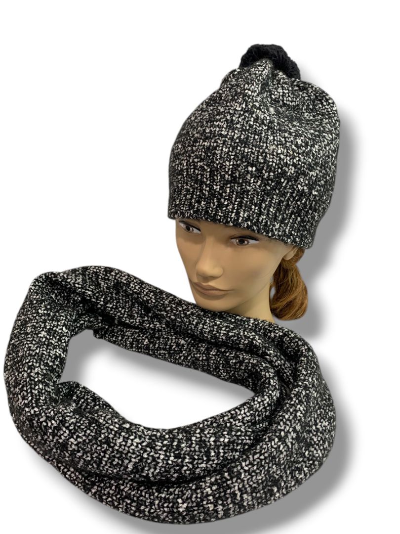 Talbots Womens Sweater Knit Beanie Hat Loop Scarf Set Black Silver Marled